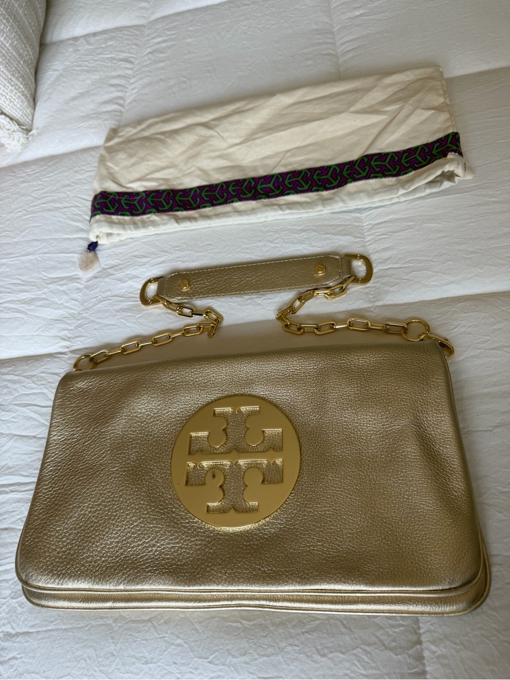 Tory Burch Gold Reva Leather Chain Clutch
